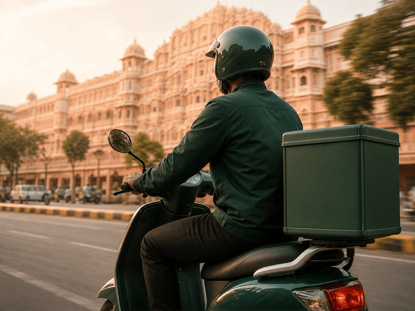 Food delivery rider travelling through Jaipur on a green scooter